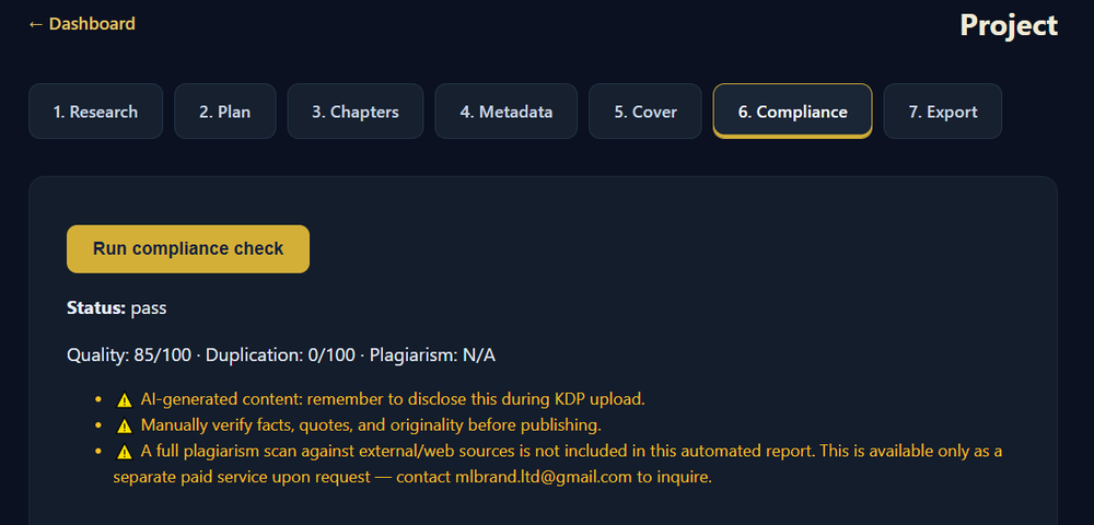 Compliance check screen